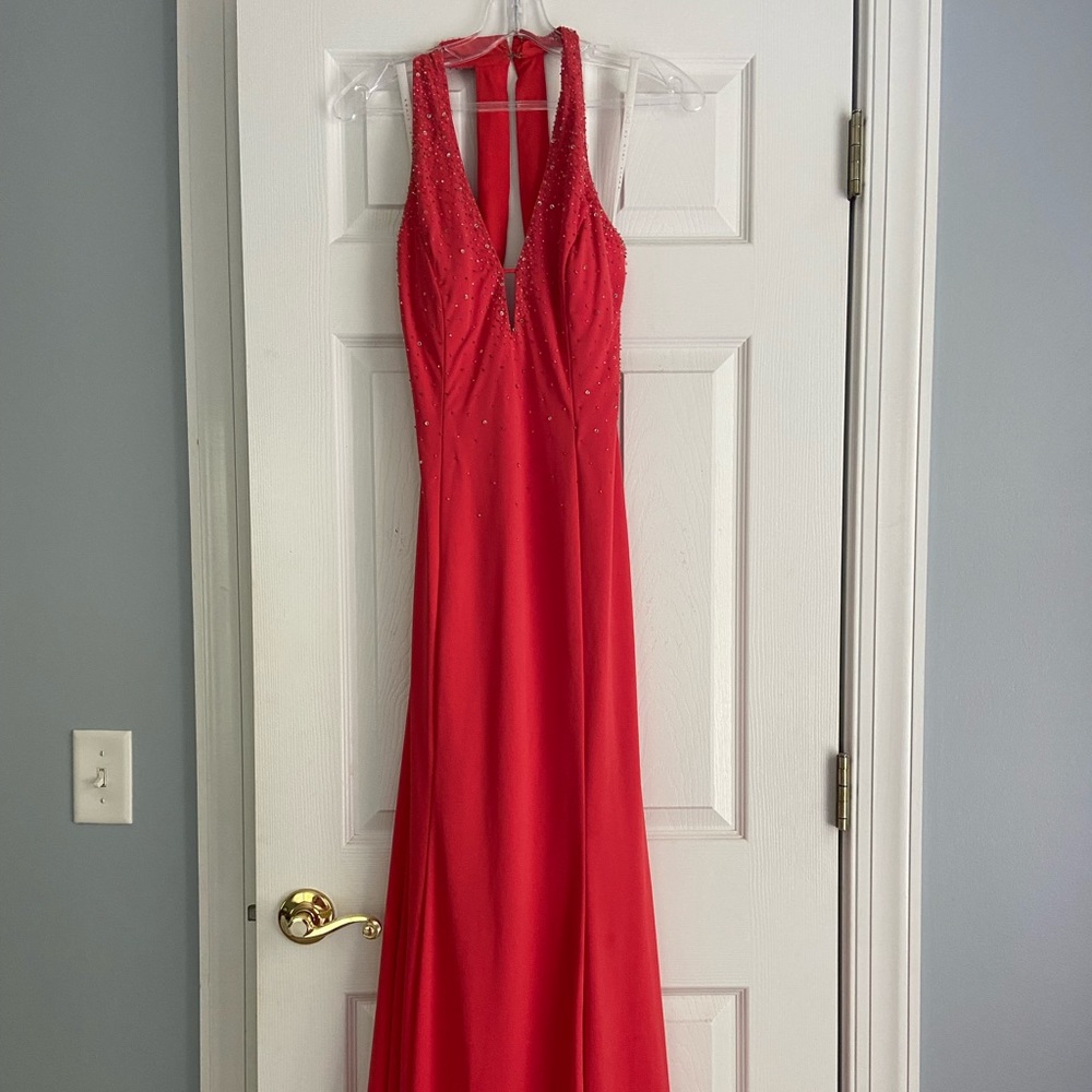 Dark coral halter mermaid dress with rhinestones